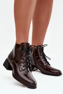 Best Artiker Skórzane Lakierowane Botki Damskie Na Klocku 57C1119 Bordowe