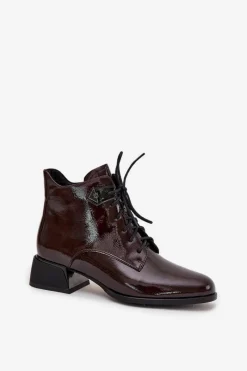 Best Artiker Skórzane Lakierowane Botki Damskie Na Klocku 57C1119 Bordowe