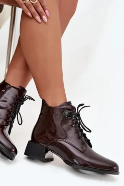 Best Artiker Skórzane Lakierowane Botki Damskie Na Klocku 57C1119 Bordowe