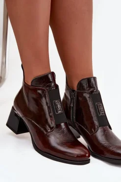 Outlet Zazoo Skórzane Lakierowane Botki Na Klocku Z Ozdobnym Detalem Ocieplane 60560 Ciemnobrązowe Brązowy