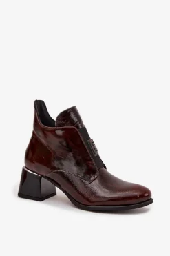 Outlet Zazoo Skórzane Lakierowane Botki Na Klocku Z Ozdobnym Detalem Ocieplane 60560 Ciemnobrązowe Brązowy