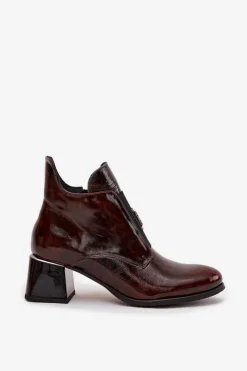 Outlet Zazoo Skórzane Lakierowane Botki Na Klocku Z Ozdobnym Detalem Ocieplane 60560 Ciemnobrązowe Brązowy