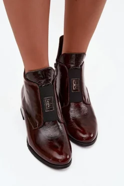 Outlet Zazoo Skórzane Lakierowane Botki Na Klocku Z Ozdobnym Detalem Ocieplane 60560 Ciemnobrązowe Brązowy