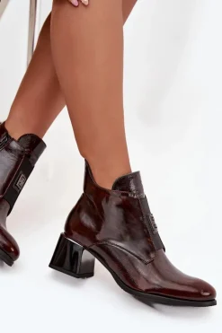 Outlet Zazoo Skórzane Lakierowane Botki Na Klocku Z Ozdobnym Detalem Ocieplane 60560 Ciemnobrązowe Brązowy