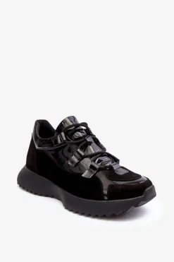 Clearance Skórzane Lakierowane Buty Sportowe Damskie M01/2 Czarne Damskie Buty Sportowe Na Platformie|Sneakersy Damskie