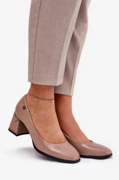 Best Buty damskie Vinceza Skórzane Lakierowane Czółenka Na Słupku Vinceza 91130 Beżowe Beżowy