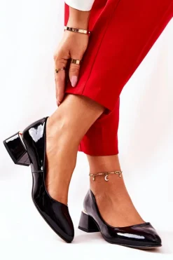 Czółenka Na Słupku>Boto Skórzane Lakierowane Czółenka Lewski 3118 Czarne Czarny