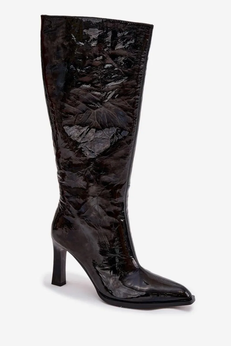 Sale D&A Skórzane Lakierowane Kozaki Damskie Na Obcasie Ocieplane CR52-716 Czarne Czarny