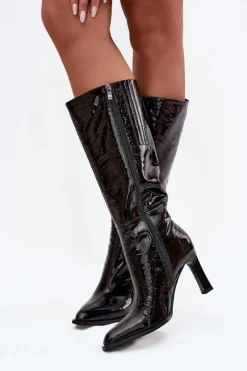 Sale D&A Skórzane Lakierowane Kozaki Damskie Na Obcasie Ocieplane CR52-716 Czarne Czarny