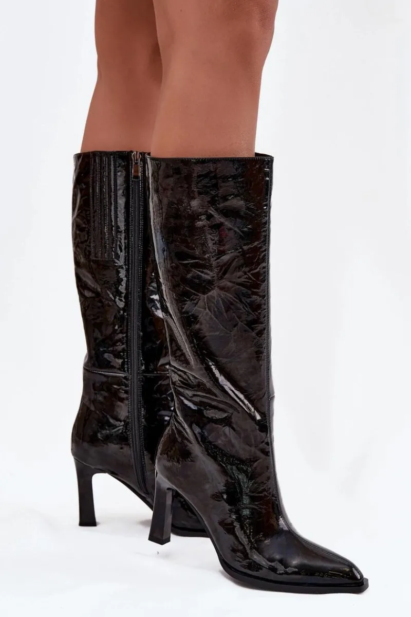 Sale D&A Skórzane Lakierowane Kozaki Damskie Na Obcasie Ocieplane CR52-716 Czarne Czarny