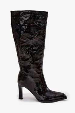 Sale D&A Skórzane Lakierowane Kozaki Damskie Na Obcasie Ocieplane CR52-716 Czarne Czarny