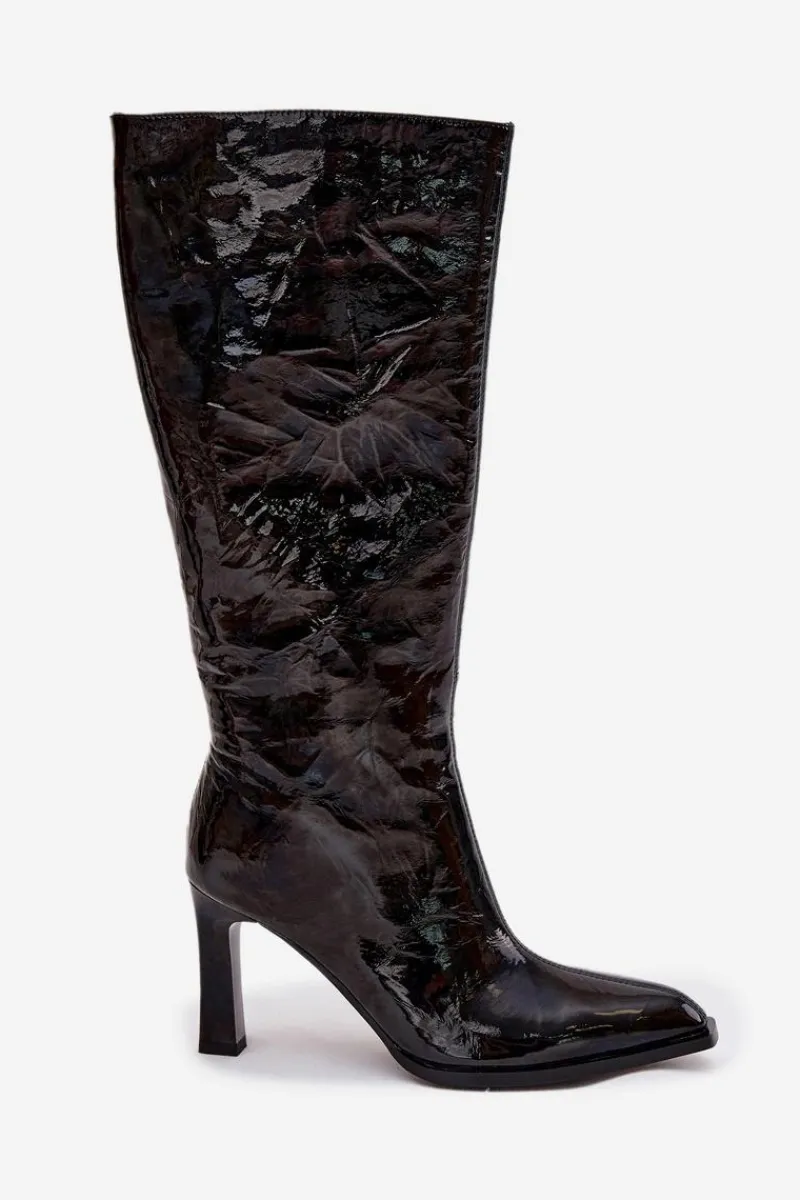 Sale D&A Skórzane Lakierowane Kozaki Damskie Na Obcasie Ocieplane CR52-716 Czarne Czarny