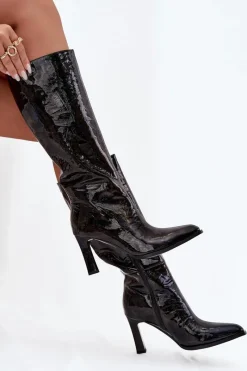 Sale D&A Skórzane Lakierowane Kozaki Damskie Na Obcasie Ocieplane CR52-716 Czarne Czarny