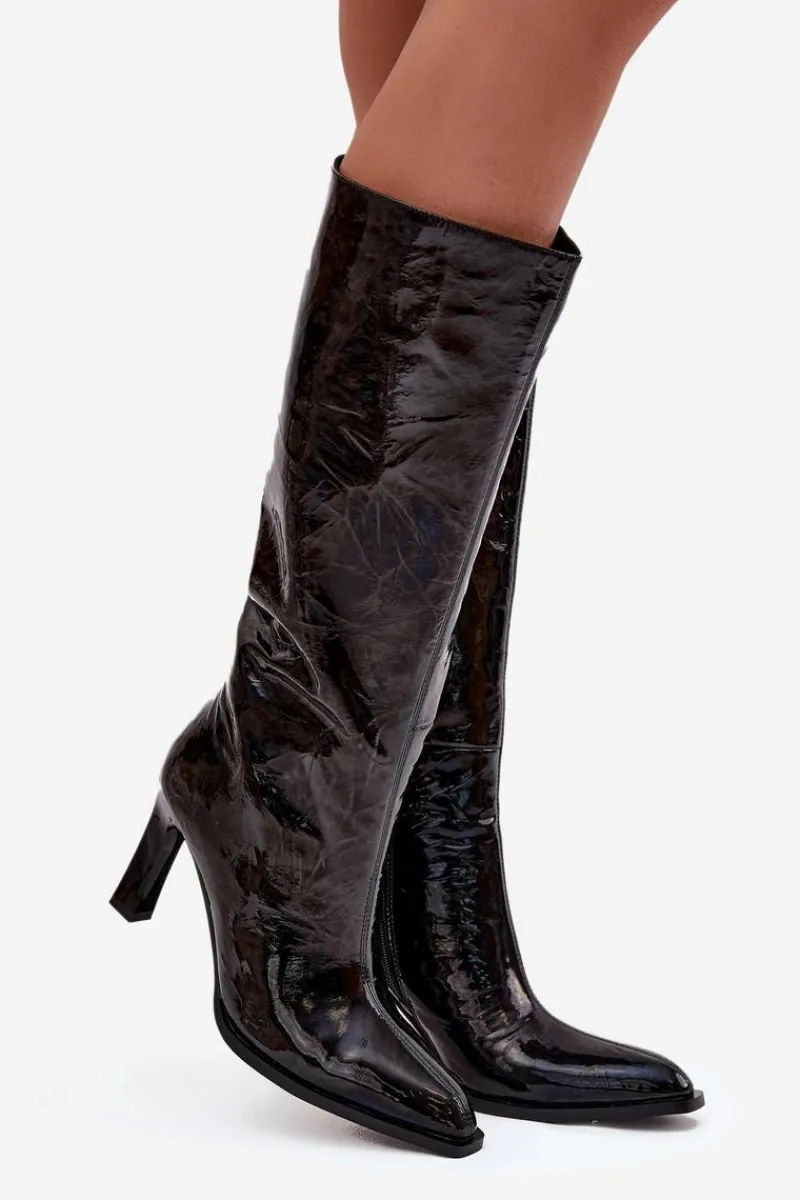 Sale D&A Skórzane Lakierowane Kozaki Damskie Na Obcasie Ocieplane CR52-716 Czarne Czarny