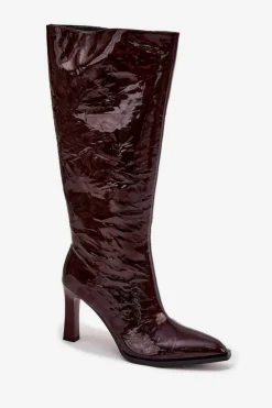 New Skórzane Lakierowane Kozaki Damskie Ocieplane CR52-716 Bordowe Damskie Kozaki Ocieplane|Kozaki Na Słupku