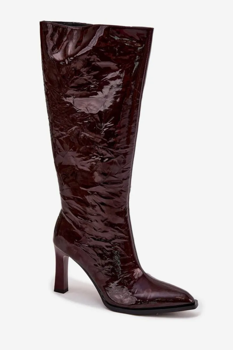 New Skórzane Lakierowane Kozaki Damskie Ocieplane CR52-716 Bordowe Damskie Kozaki Ocieplane|Kozaki Na Słupku