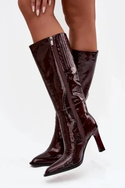 New Skórzane Lakierowane Kozaki Damskie Ocieplane CR52-716 Bordowe Damskie Kozaki Ocieplane|Kozaki Na Słupku