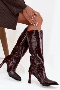 New Skórzane Lakierowane Kozaki Damskie Ocieplane CR52-716 Bordowe Damskie Kozaki Ocieplane|Kozaki Na Słupku