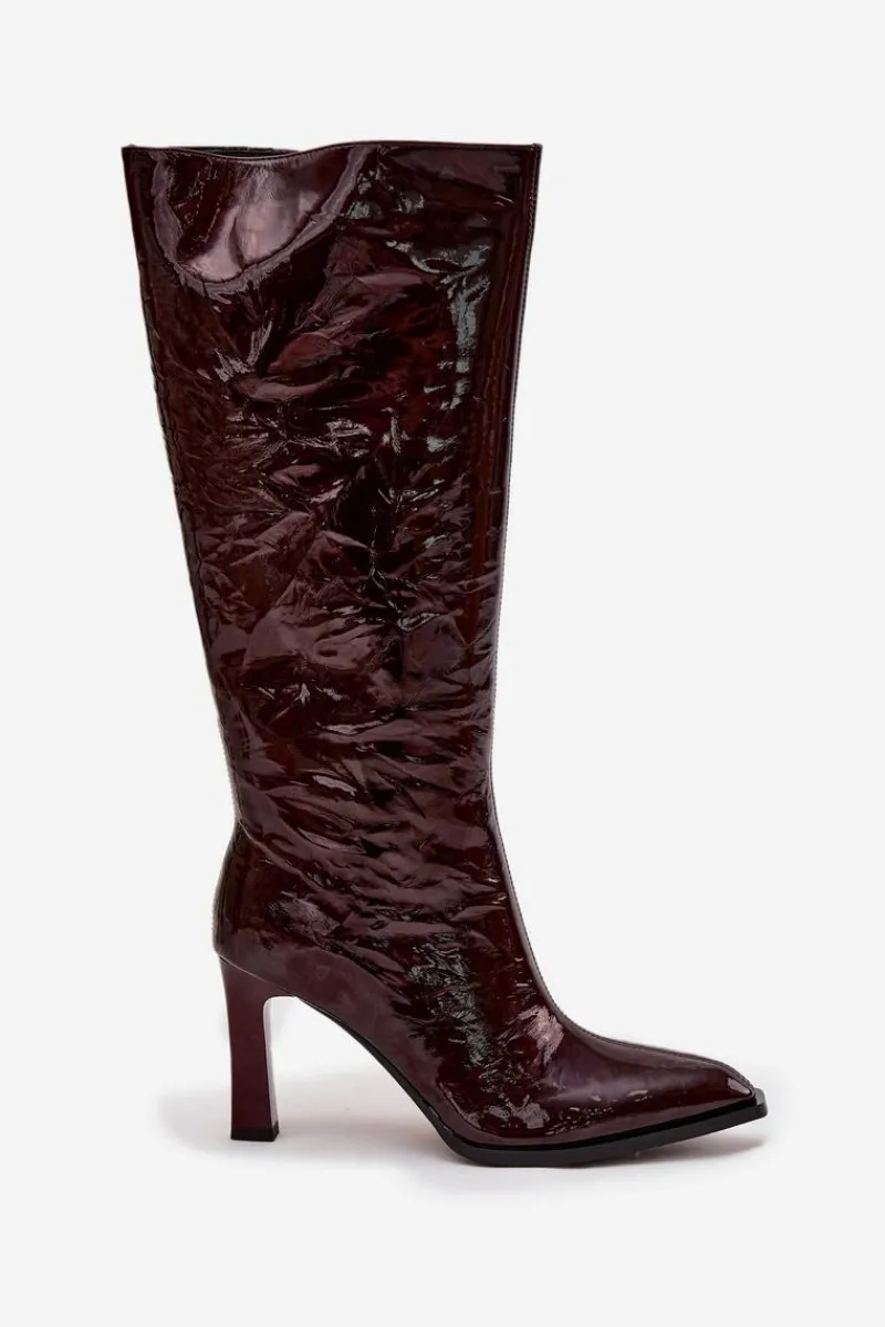 New Skórzane Lakierowane Kozaki Damskie Ocieplane CR52-716 Bordowe Damskie Kozaki Ocieplane|Kozaki Na Słupku