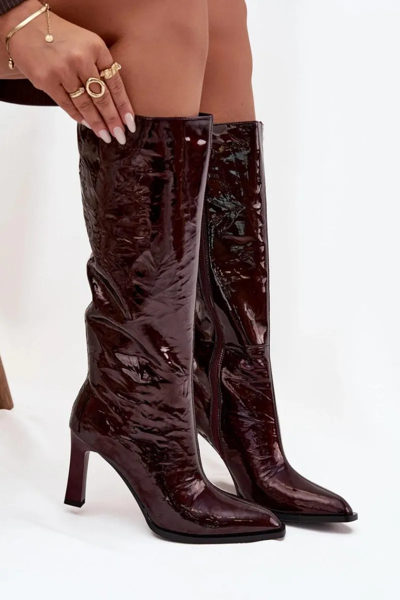 New Skórzane Lakierowane Kozaki Damskie Ocieplane CR52-716 Bordowe Damskie Kozaki Ocieplane|Kozaki Na Słupku