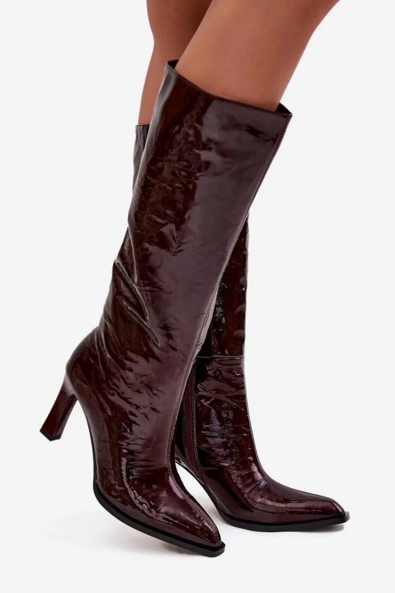 New Skórzane Lakierowane Kozaki Damskie Ocieplane CR52-716 Bordowe Damskie Kozaki Ocieplane|Kozaki Na Słupku