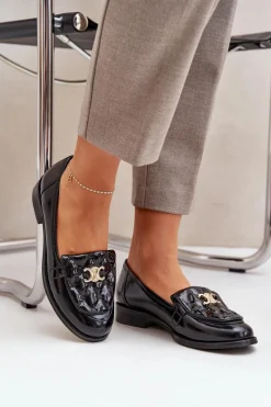 New Laura Messi Skórzane Lakierowane Mokasyny Ze Złotą Ozdobą 2927 Czarne