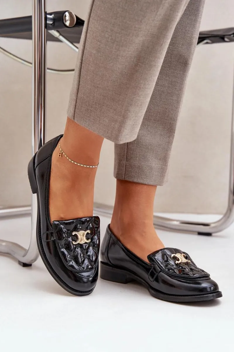 New Laura Messi Skórzane Lakierowane Mokasyny Ze Złotą Ozdobą 2927 Czarne