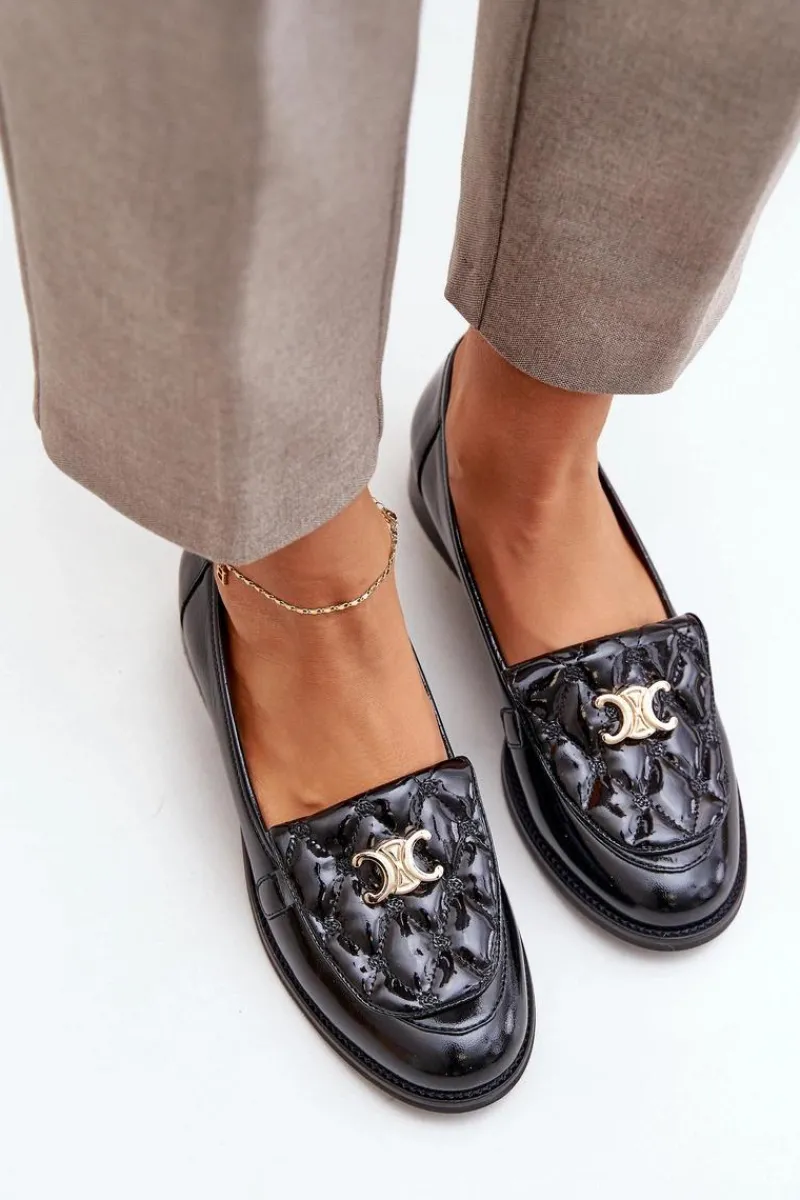 New Laura Messi Skórzane Lakierowane Mokasyny Ze Złotą Ozdobą 2927 Czarne