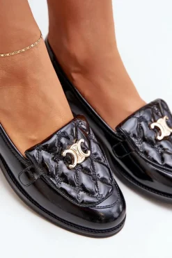 New Laura Messi Skórzane Lakierowane Mokasyny Ze Złotą Ozdobą 2927 Czarne