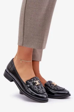 New Laura Messi Skórzane Lakierowane Mokasyny Ze Złotą Ozdobą 2927 Czarne