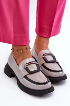 Hot Buty damskie Vinceza Skórzane Lakierowane Mokasyny Damskie Szare Fidodia