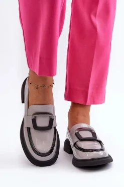 Hot Buty damskie Vinceza Skórzane Lakierowane Mokasyny Damskie Szare Fidodia