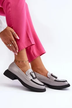 Hot Buty damskie Vinceza Skórzane Lakierowane Mokasyny Damskie Szare Fidodia