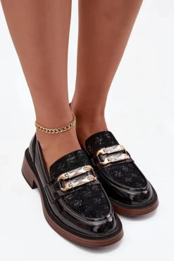 New Skórzane Lakierowane Mokasyny Damskie Z Ozdobnym Detalem MR52-173 Czarne Damskie Loafersy Damskie|Mokasyny Damskie Skórzane