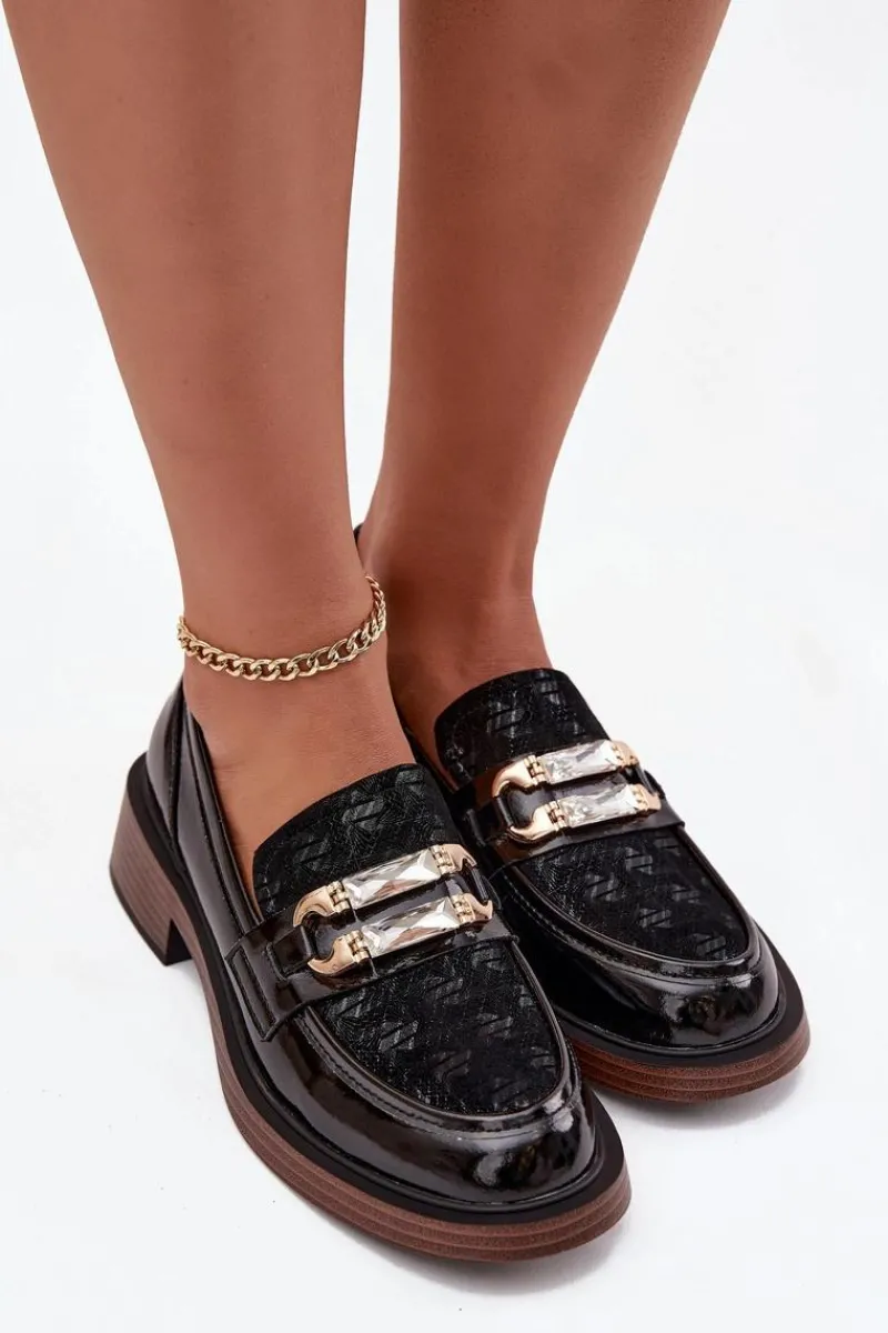 New Skórzane Lakierowane Mokasyny Damskie Z Ozdobnym Detalem MR52-173 Czarne Damskie Loafersy Damskie|Mokasyny Damskie Skórzane