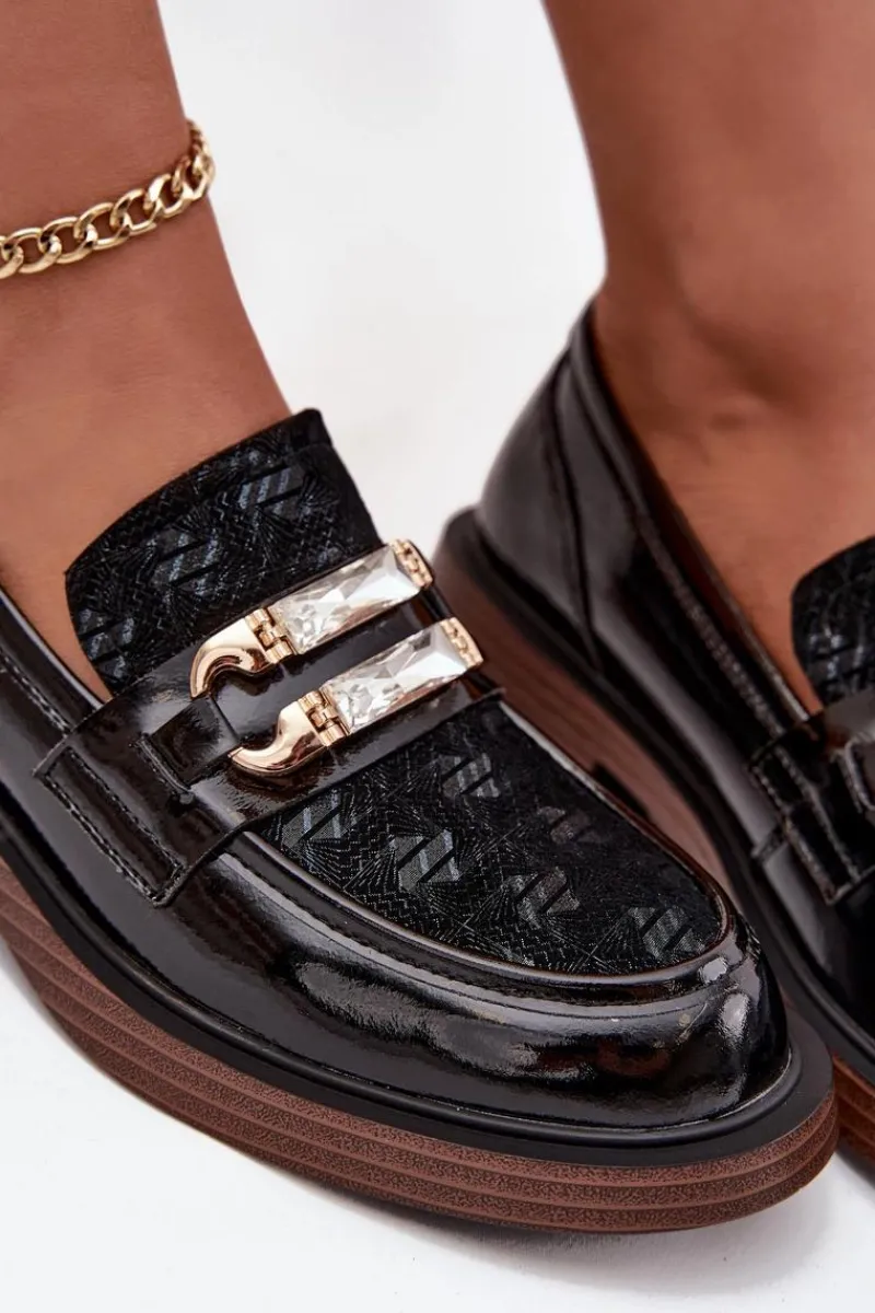New Skórzane Lakierowane Mokasyny Damskie Z Ozdobnym Detalem MR52-173 Czarne Damskie Loafersy Damskie|Mokasyny Damskie Skórzane