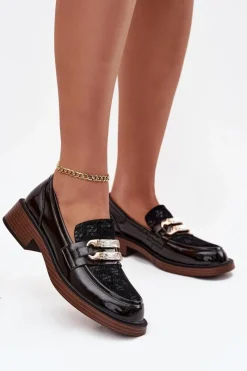 New Skórzane Lakierowane Mokasyny Damskie Z Ozdobnym Detalem MR52-173 Czarne Damskie Loafersy Damskie|Mokasyny Damskie Skórzane