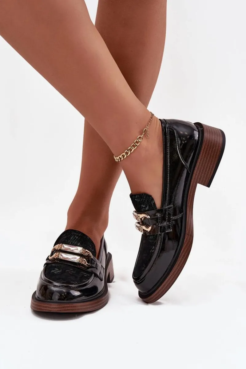 New Skórzane Lakierowane Mokasyny Damskie Z Ozdobnym Detalem MR52-173 Czarne Damskie Loafersy Damskie|Mokasyny Damskie Skórzane