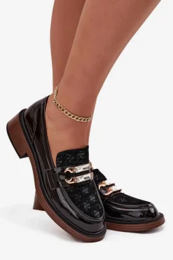 New Skórzane Lakierowane Mokasyny Damskie Z Ozdobnym Detalem MR52-173 Czarne Damskie Loafersy Damskie|Mokasyny Damskie Skórzane