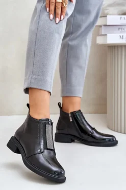 Outlet Damskie buty S.Barski Skórzane Lakierowane Niskie Botki Ze Zdobieniem Na Zamek D&A MR880-142 Czarne