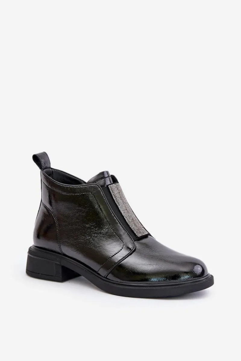 Outlet Damskie buty S.Barski Skórzane Lakierowane Niskie Botki Ze Zdobieniem Na Zamek D&A MR880-142 Czarne