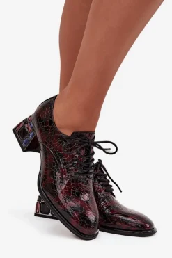 Online Skórzane Lakierowane Półbuty Damskie Na Obcasie Z Kryształkami 57C0073 Bordowe Damskie Półbuty Skórzane