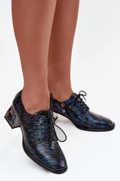 Discount Skórzane Lakierowane Półbuty Damskie Na Obcasie Z Kryształkami 55C0428 Granatowe Damskie Półbuty Skórzane