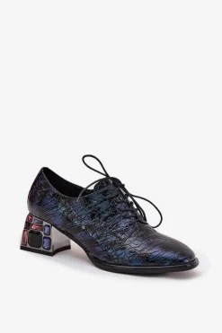 Discount Skórzane Lakierowane Półbuty Damskie Na Obcasie Z Kryształkami 55C0428 Granatowe Damskie Półbuty Skórzane