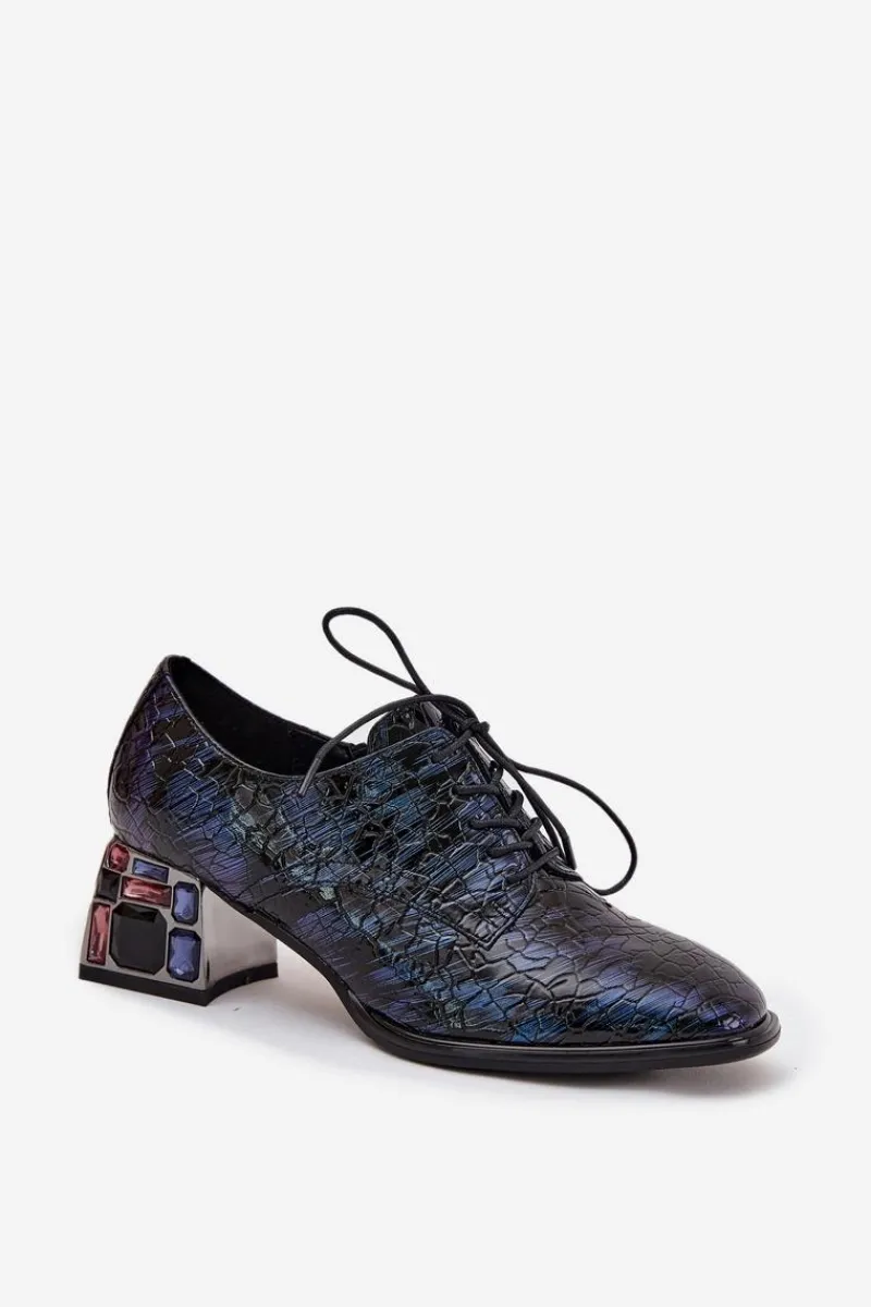 Discount Skórzane Lakierowane Półbuty Damskie Na Obcasie Z Kryształkami 55C0428 Granatowe Damskie Półbuty Skórzane