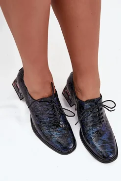 Discount Skórzane Lakierowane Półbuty Damskie Na Obcasie Z Kryształkami 55C0428 Granatowe Damskie Półbuty Skórzane