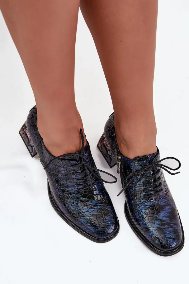 Discount Skórzane Lakierowane Półbuty Damskie Na Obcasie Z Kryształkami 55C0428 Granatowe Damskie Półbuty Skórzane