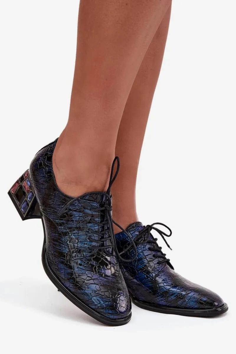 Discount Skórzane Lakierowane Półbuty Damskie Na Obcasie Z Kryształkami 55C0428 Granatowe Damskie Półbuty Skórzane