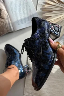 Discount Skórzane Lakierowane Półbuty Damskie Na Obcasie Z Kryształkami 55C0428 Granatowe Damskie Półbuty Skórzane