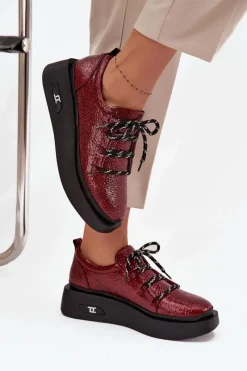Buty Sportowe Na Platformie|Półbuty Skórzane>Artiker Skórzane Lakierowane Półbuty Damskie Na Platformie 57C2046 Bordowe